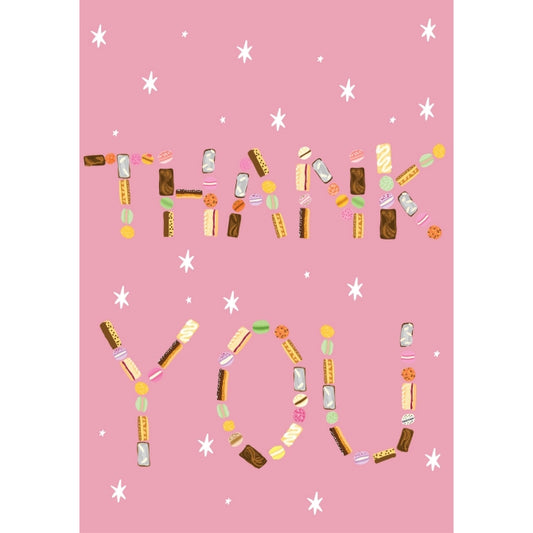 Soft pink A6 card with the words "THANK YOU" spelt out with macarons and brownie images.