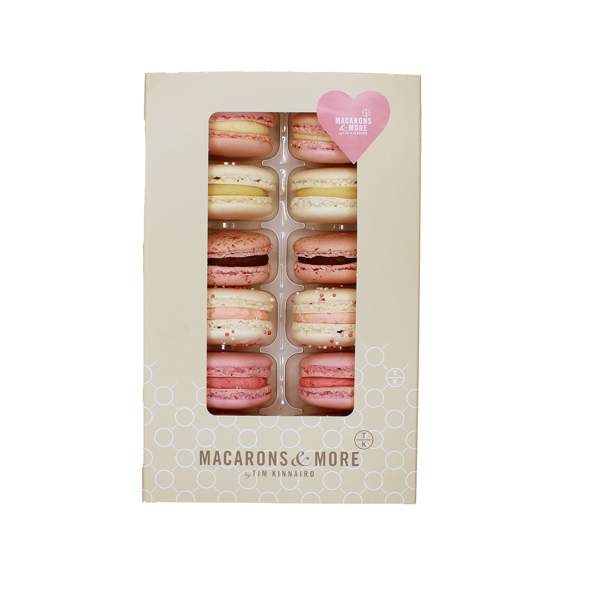 12 macarons in their box.