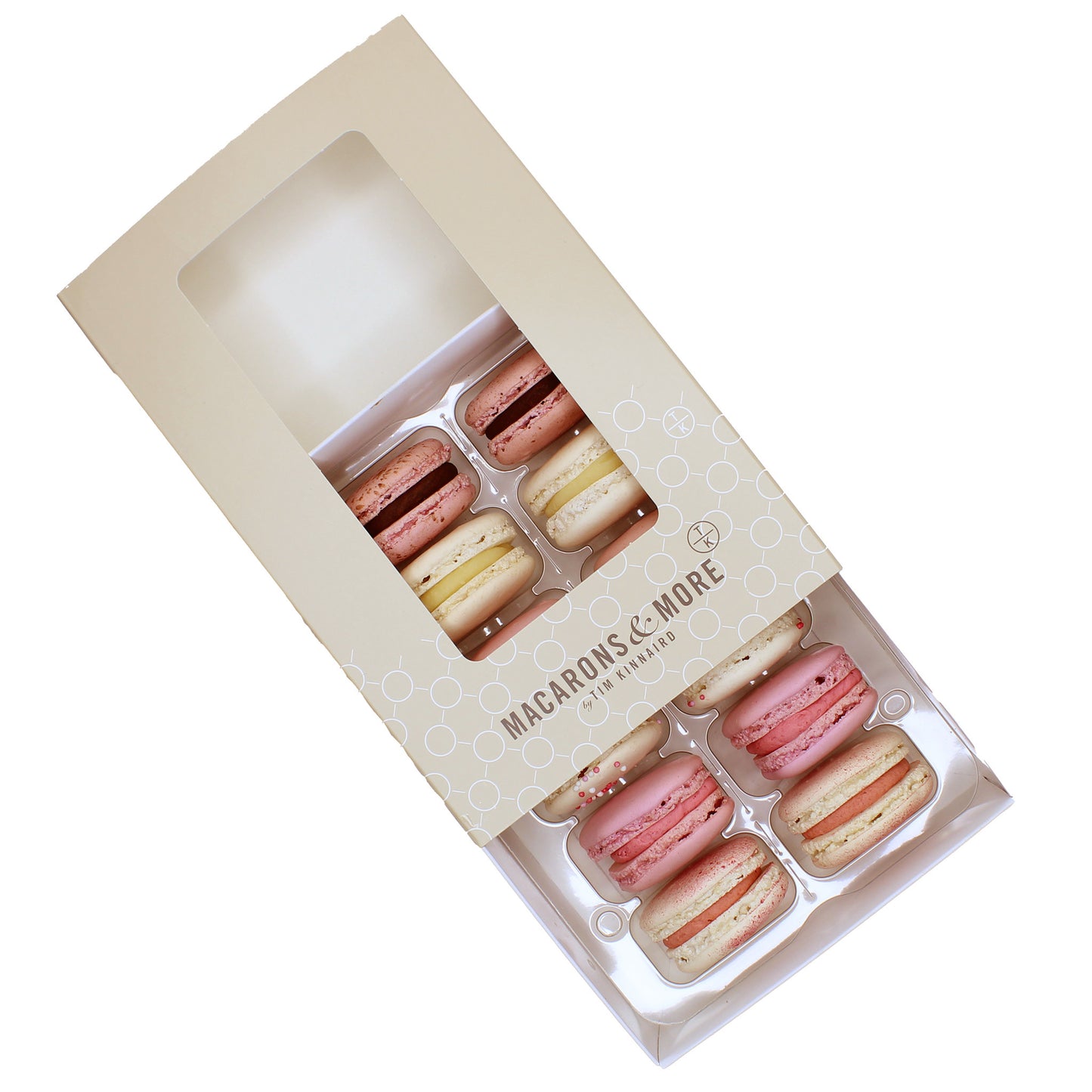 12 macarons in a partially opened box.