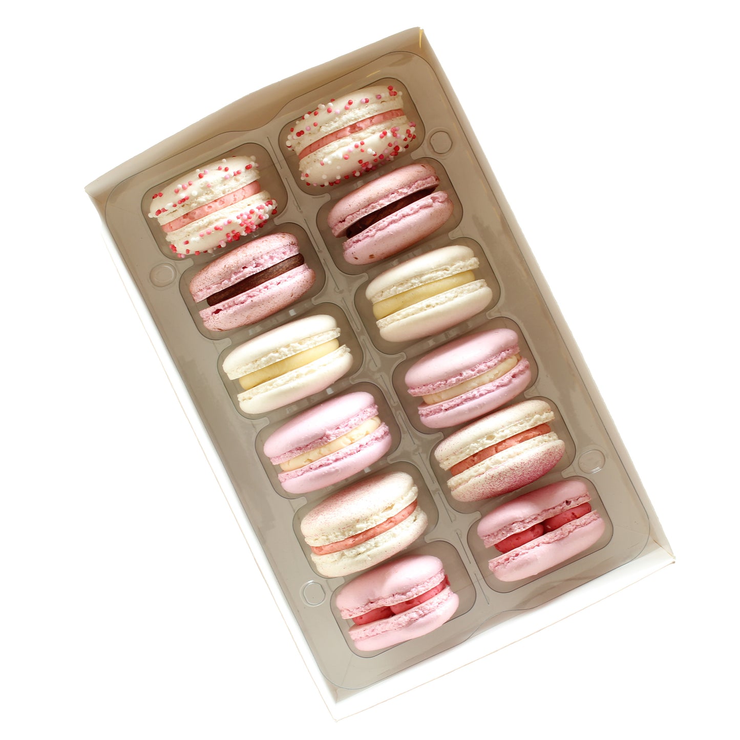 12 macarons in an open box.