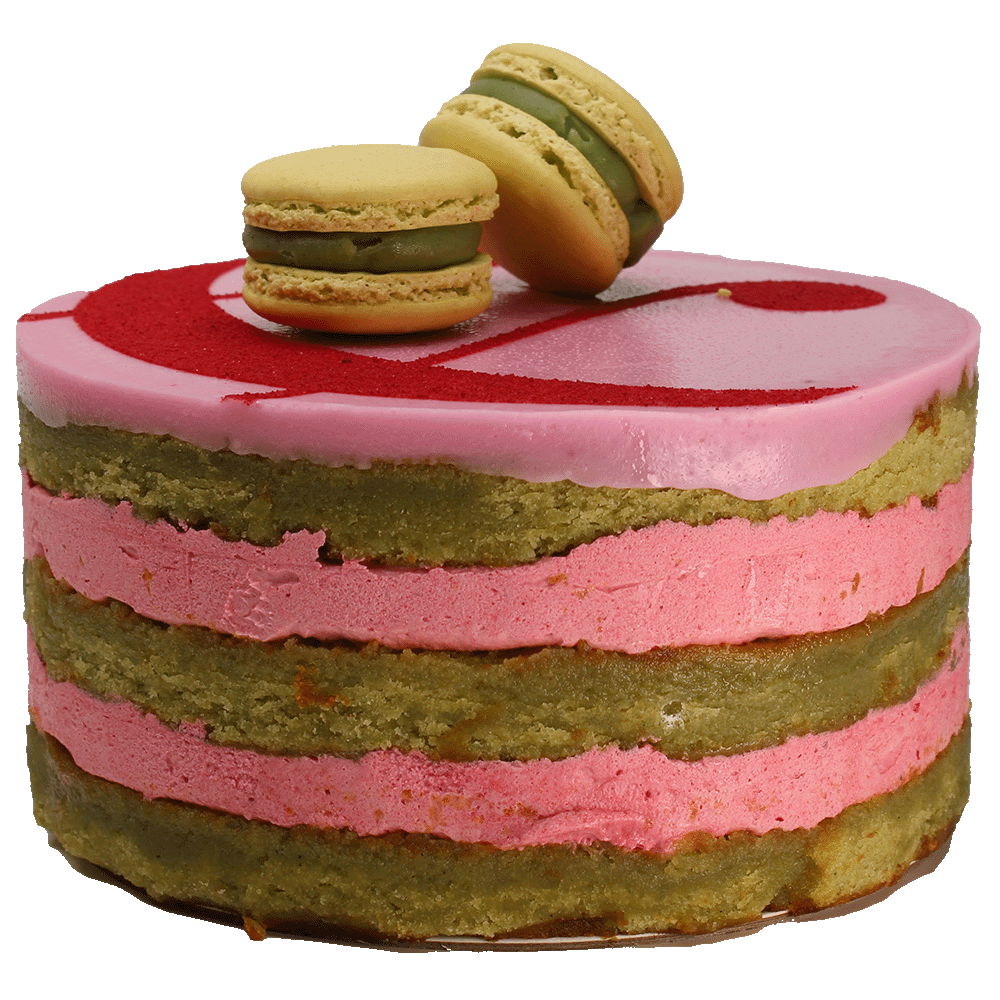 A Raspberry & Pistachio cake with multiple layers, toped with icing, macarons and a curly ampersand design.